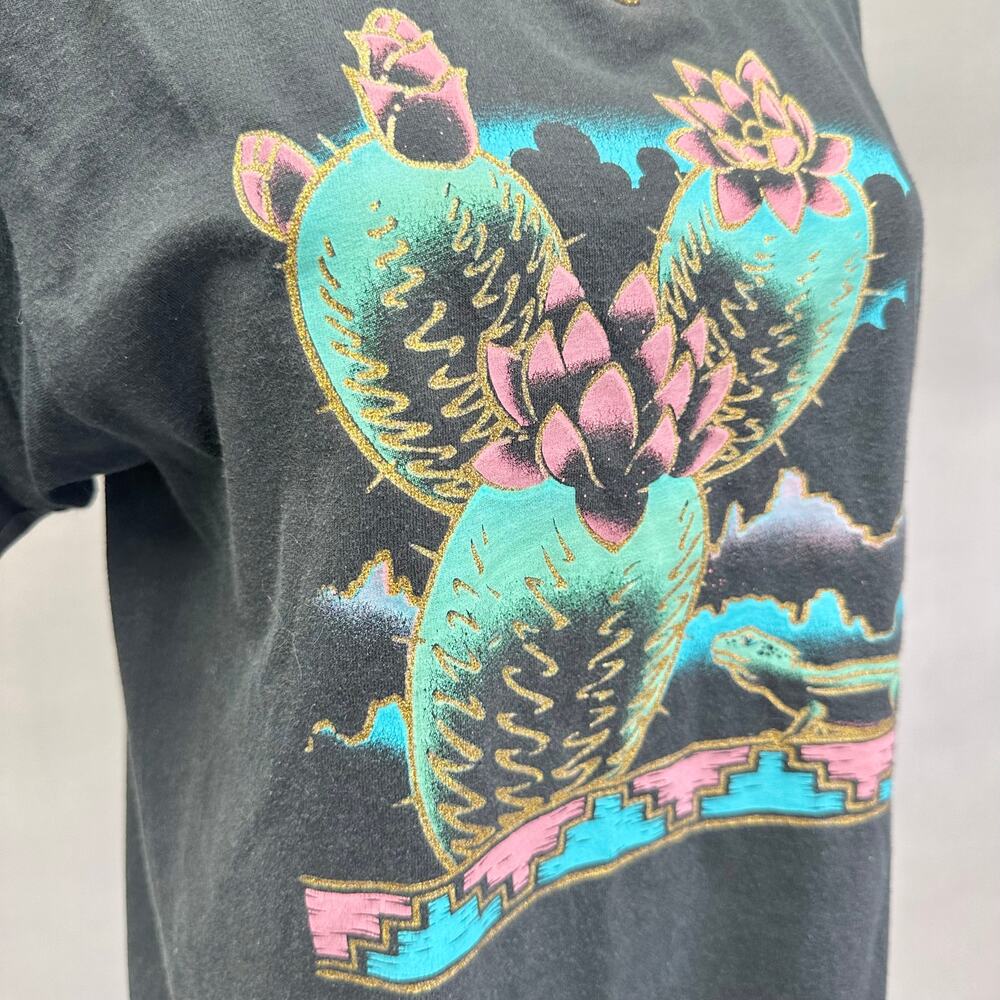 Vintage 90s southwestern cactus graphic tee ruffle v neck Size - Picture 12 of 16